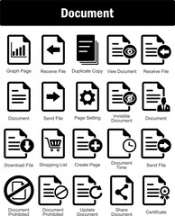 A set of 20 Document icons as graph page, receive file, duplicate copy