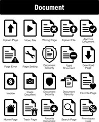 A set of 20 Document icons as upload page, video file, wrong page