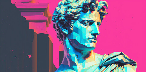 portrait of a statue sculpture wallpaper texture, on a trendy glitchy vibrant colors  contemporary background, pop art style