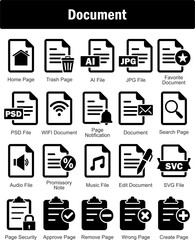 A set of 20 Document icons as home page, trash page, ai file