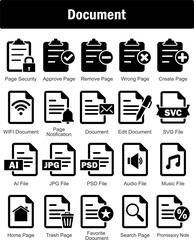 A set of 20 Document icons as page security, approve page, remove page