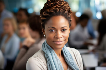 African American woman engaged in a focus group meeting, exemplifying teamwork and diverse collaboration in a professional office setting.