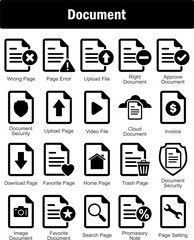 A set of 20 Document icons as wrong page, page error, upload file