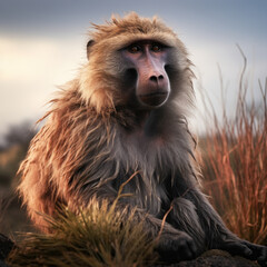 Baboon in its Natural Habitat, Wildlife Photography, Generative AI