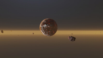 Burning Alien Mysterious Planet in asteroid field 