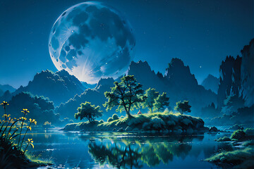 a tranquil fairy pond. 2D background illustration. Moon, pond, tree, mountain, dreamy picture. Generative AI.