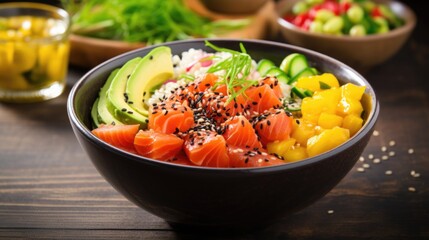 Bowl of poke bowl with fresh salmon, mango, avocado, and sesame seeds - obrazy, fototapety, plakaty