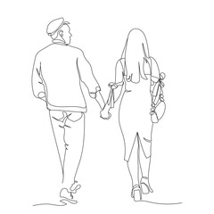 Couple walking. Back view. Black and white vector illustration in line art style.
