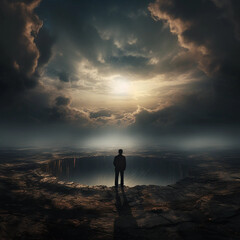 Artwork of a Person Standing Before a Massive Crater - obrazy, fototapety, plakaty