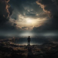 Foto op Canvas Artwork of a Person Standing Before a Massive Crater © Adam