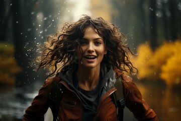 A lovely brunette in brown jacket running in the rain and smiling. Her hair is wet. Happy youth concept. Generative AI