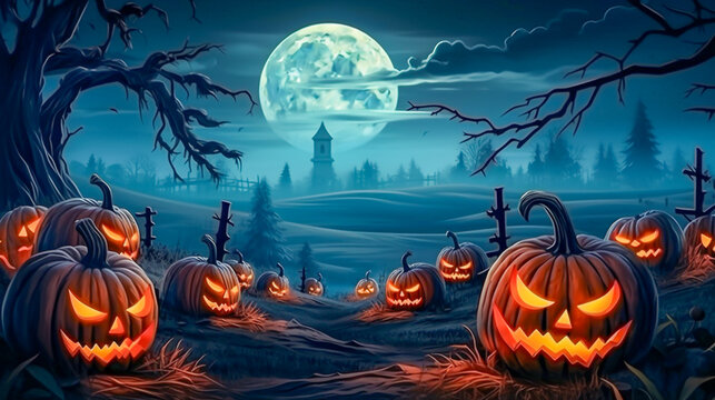 Halloween Scene With Farm And Mystical Moon, Illustration Background