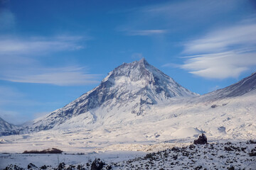 Snowy covered Kamen volcano in Kamchatka