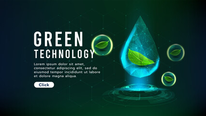 Leaf inside of falling drop water and bubble.Low polygon.Green technology and environment concept, water management and ecology system.Hi-tech and futuristic.Digital and technology concept background.