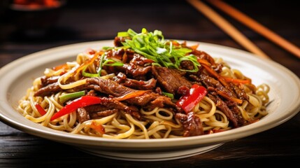 Chinese fried noodles with beef and vegetables in a white bowl on a rustic table - obrazy, fototapety, plakaty