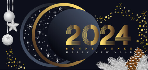 2024 - bannière ou carte de vœux, noire, blanche et or, pour fêter le nouvel an, sur le thème de l’espace - texte français et anglais - traduction bonne année.