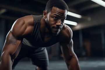 Fototapeta na wymiar closeup shot of a muscular african american man stretching in a gym