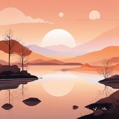 2D illustration. Japanese landscape of mountains and sun. Generative AI