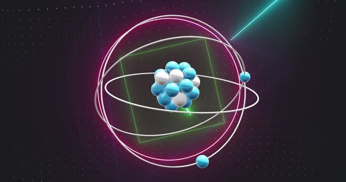 Animation of micro of atom models and neon circles over black background