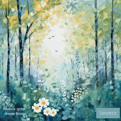 Vector illustration of spring forest with white daisies and blue sky. 