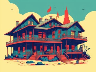 Fototapeta premium 2D illustration. An old house in the desert. Generative AI