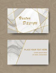 Modern design of business cards (front and back) with gold intersecting lines on a gray watercolor background. Background for postcard, flyer, invitation. Trendy Vector illustration.