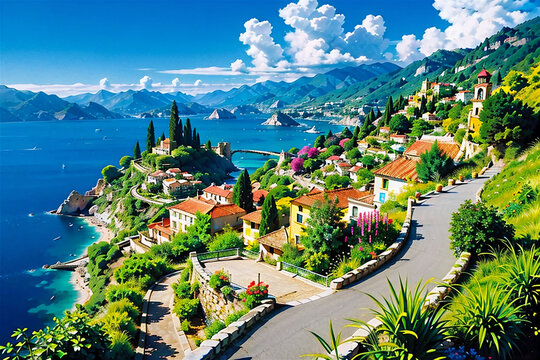 a peaceful coastal village. Watercolor landscape. Sea, clouds, villages, mountains and trees. Generative AI.