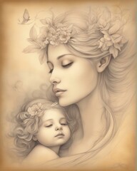 Mother and baby portrait illustrations