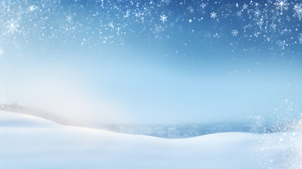 Winter Snow Background with Snowdrifts, Beautiful Light and Snowflakes on Blue Evening Sky, Banner Format, Copy Space, Generative AI