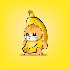 Banana Cat meme vector isolated on yellow background. Funky crying Sad banana cat meme cartoon vector sticker, label and icon for printing on t shirt