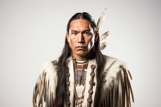 Native American man portrait in studio on white background. Indigenous male headshot in traditional clothing