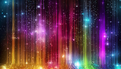 Glowing sparkles on rainbow colored backdrop. Colorful sparkling background. For conecert, music, party, discoteque or event planning.