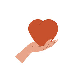 Womans hand hold red heart. Valentines day. Concept of sharing love, donating, care. Vector illustration in flat design