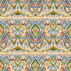 Colorful ikat pattern in vintage style. Elegant ethnic background. Hand drawn oriental art. Seamless geometric vintage texture.	