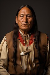 Native American man portrait in studio on white background. Indigenous male headshot in traditional clothing