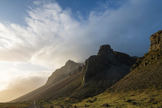 Incedible landscape in a moody light on stokksnes, southern iceland in summer