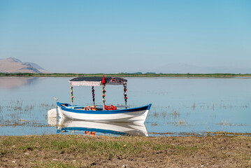 Decorated excursion boats in Isikli lake in Civril, Denizli