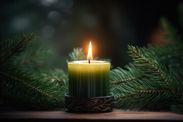 Green aromatic candle on a wooden table against the background of a Christmas tree - Powered by Adobe