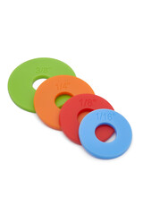 Close-up shot of removable rings for creating different pastry thicknesses. Colour-coded rings are isolated on a white background. Front view.