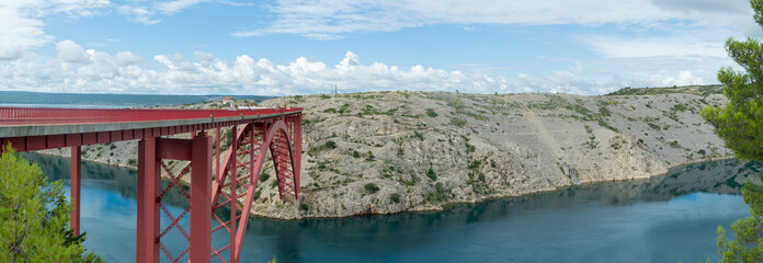 Red bridge Maslenica in Croatia, deck arch bridge over the Adriatic sea