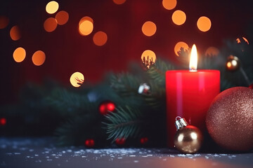Christmas red candle and ornaments over xmas background with lights