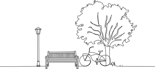 continuous single line drawing of bench under tree in public park, line art vector illustration