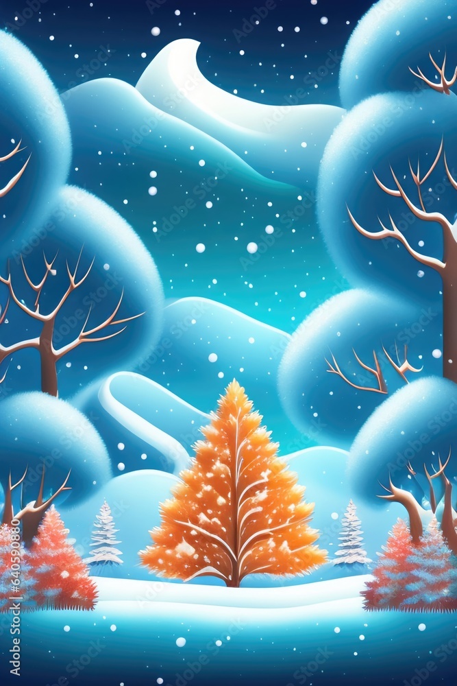 Poster beautiful drawing of a winter landscape with bright orange autumn trees in the snow. ai generated.