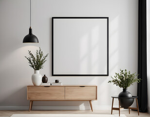 Black empty frame mockup on white wall in modern interior, Artwork template mock up in interior design, View of modern scandinavian style interior with trendy vase. generative AI