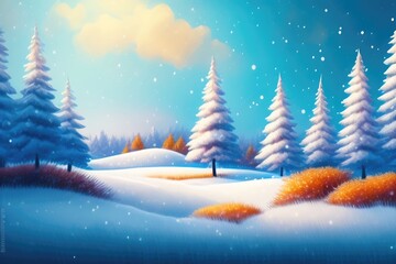 Beautiful drawing of a winter landscape with bright orange autumn trees in the snow. AI generated.