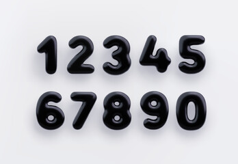 3D Black number 1,2,3,4,5,6,7,8,9 and null with a glossy surface on a white background