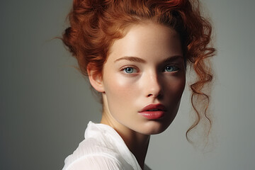 Portrait caucasian redhead model natural beauty, attractive young woman with clean skin looking at camera
