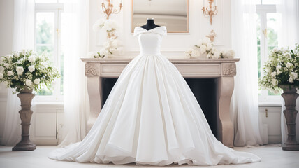Fototapeta na wymiar Wedding drees, bridal gown style and bespoke fashion, full-legth white tailored ball gown in showroom, tailor fitting, beauty and wedding