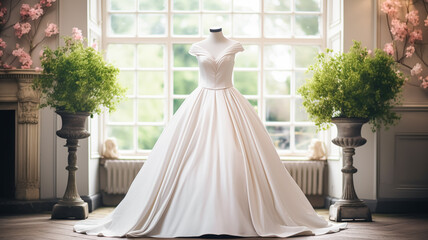 Wedding drees, bridal gown style and bespoke fashion, full-legth white tailored ball gown in showroom, tailor fitting, beauty and wedding