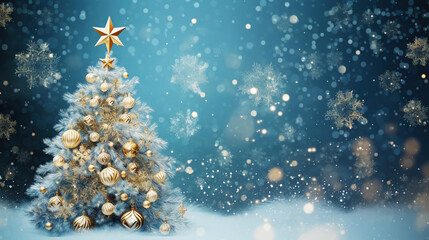 Obraz na płótnie Canvas Beautiful decorated christmas tree with present boxes. Festive New Year background. Generative AI